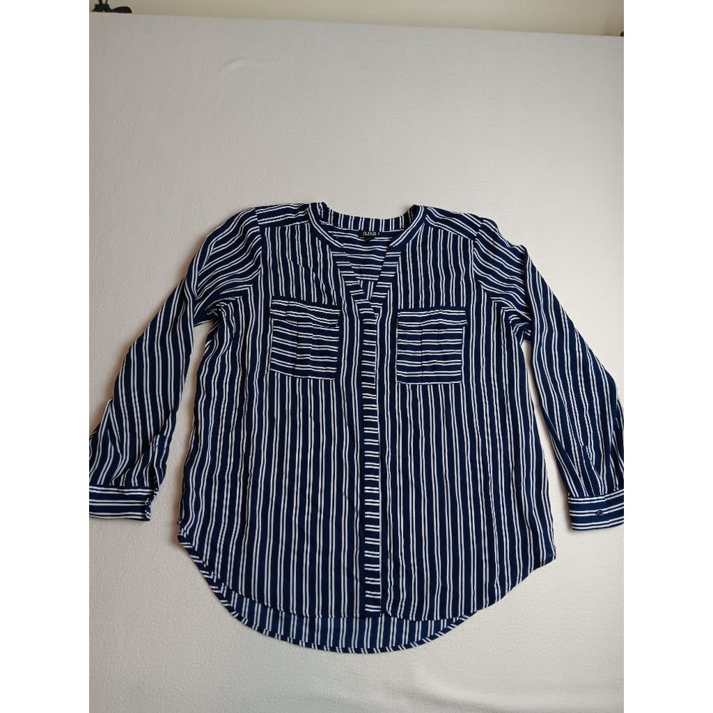 a.n.a A New Approach Womens PL Navy White Striped Long Sleeve Blouse
